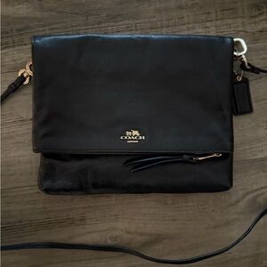 Coach Black Leather Foldover Crossbody Bag Gold Hardware Clutch
